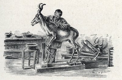 Taxidermi: En taxidermist udstoppede hartebeest i sit værksted Gravering fra Excursion a travers les metiers” af Pierre Calmette Collection privee af Pierre Calmettes