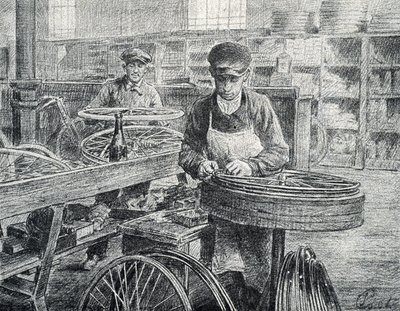 Arbejdere, der fastgør egerne til fælgene på en cykel under dens fremstilling (fremstilling af cykler) Gravering fra Pierre Calmette Private Collection af Pierre Calmettes