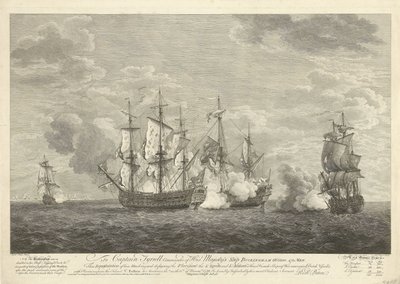 Angreb af et engelsk skib på tre franske skibe ud for St. Eustatius, 1758 af Pierre Charles Canot