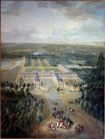 Perspektiv udsigt over slottet og haverne i Trianon: promenade af kong Louis XV til hest. Maleri af Pierre Denis Martin (1663-1742). 1700-tallet. Svag. 2,96 x 2,23 m. Versailles, musee du Chateau - Perspektiv udsigt over slottet og haverne i Tria af Pierre Denis Martin