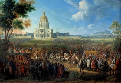 Besøg af kong Ludvig XIV i kirken Royal Hotel des Invalides, der nyligt blev afsluttet den 14. juli af Pierre Denis Martin