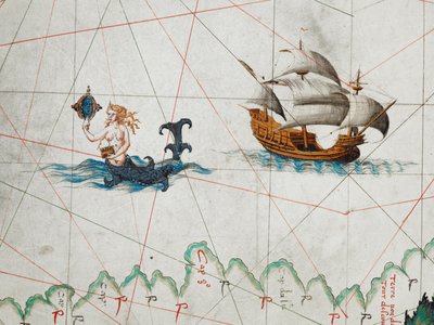 En detalje af en sirene, der beundrer sig selv i et spejl og et skib mod øst i det sydlige Ocean, fra et verdenskort, 