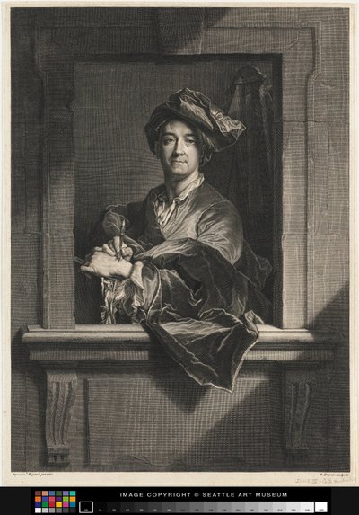 Engraving of Hyacinth Rigaud "s Portrait of Himself, late 17th century-18th centurydani af Pierre Imbert Drevet