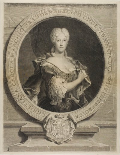 Portræt af Christine-Caroline, markgreven af Brandenbourg-Onoltzbach, hustru til Guillaume-Frédéric af Würtemburg, 1694-1723 af Pierre Drevet