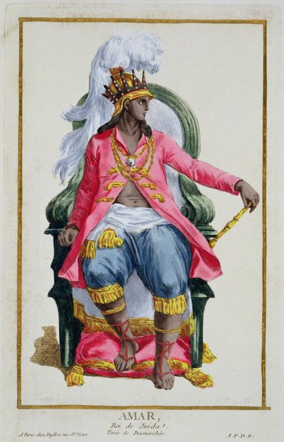 Amar, konge af Ouidah, fra "Receuil des Estampes, representant les Rangs et les Dignites, suivant le Costume de toutes les Nations existantes", udgivet i 1780 (håndkoloreret stik). af Pierre Duflos