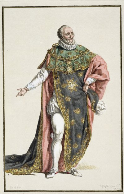Henri IV (1553-1610) Konge af Frankrig, fra Receuil des Estampes, der repræsenterer rang og værdighed, efter alle eksisterende nationers dragt, udgivet 1780 (håndkoloreret gravering) af Pierre Duflos