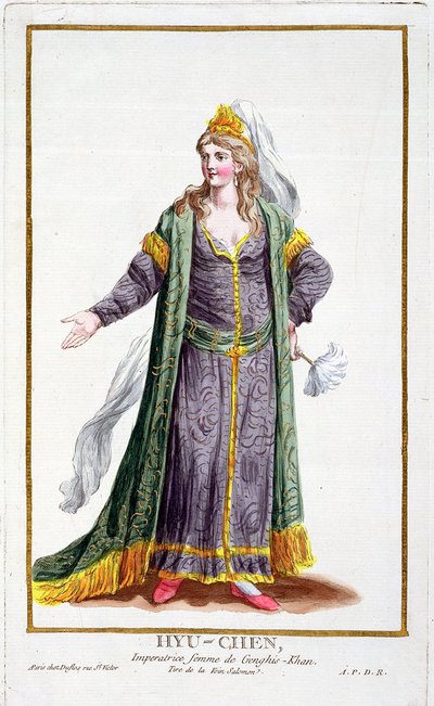 Hyu-Chen, Djengis Khans hustru, fra "Receuil des Estampes, representant les Rangs et les Dignites, suivant le Costume de toutes les Nations existantes", udgivet i 1780 (håndkoloreret stik) af Pierre Duflos