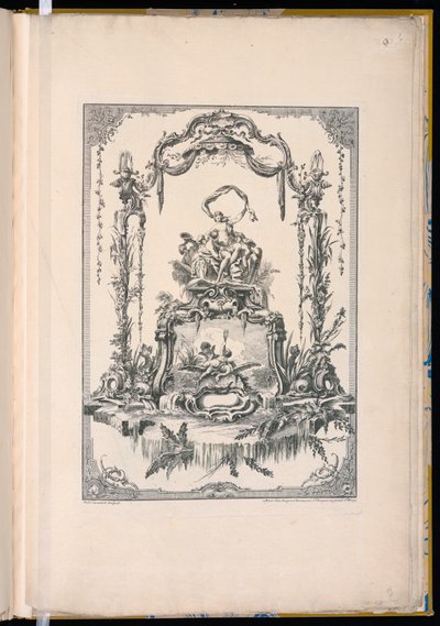 Ornamentpanel med en dobbelt kartouche, der viser Venus eller Thetis med hendes nymfer og et springvand af Pierre Edme Babel