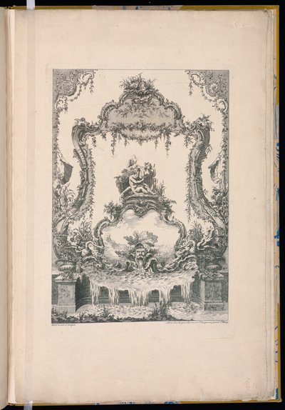 Ornamentpanel med en dobbelt kartouche, der viser en flodgud, en nymfe og en springvand af Pierre Edme Babel