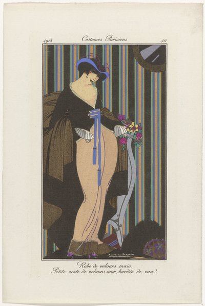 Journal of Ladies and Fashions: Fashion Illustrators Journal of Ladies and Fashions: Fashion News Journal des Dames et des Modes, Costumes Parisiens, 1913, nr. 111: Fløjlskjole (...) af Pierre Emile Legrain