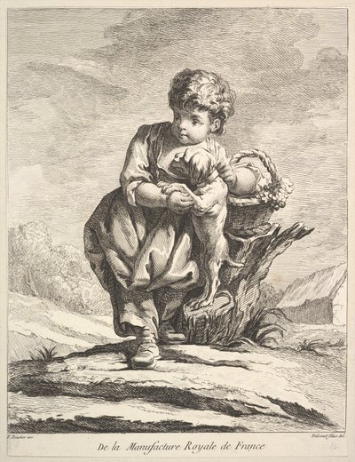Barn med en hund, der holder en kurv med druer, fra Premier Livre de Figures daprès les po..., 1757. af Pierre Etienne Falconet