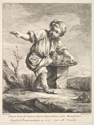 Frontispice med lille dreng, der holder en kurv, fra Premier Livre de Figures daprès les po..., 1757. af Pierre Etienne Falconet
