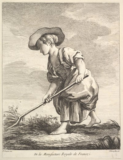 Lille pige, der laver landbrugsarbejde, fra First Book of Figures efter porcelænerne fra M..., 1757. af Pierre Etienne Falconet