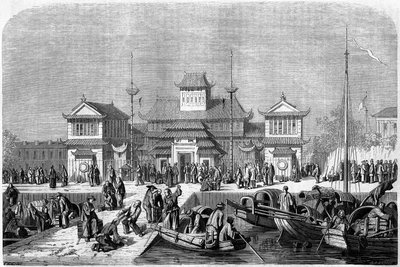 Toldsyn i havnen i Shanghai i 1860, Kina. Gravering af Grandsire, i "" Le Tour du Monde, Nouveau journal des Voyages"", redigeret af Edouard Charton, Paris af Pierre Eugene Grandsire