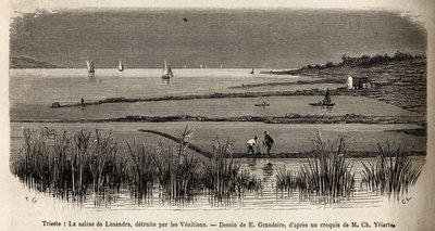 Saltvandet fra Lusandra, i nærheden af Trieste, ødelagt af venetianerne, der så det som en farlig rivalisering af det monopol, de udøvede i Adriaterhavet, gravering af E.Grandsire, der illustrerer rejsen til Istrien og Dalmatien i 1874 af Charles Yria af Pierre Eugene Grandsire