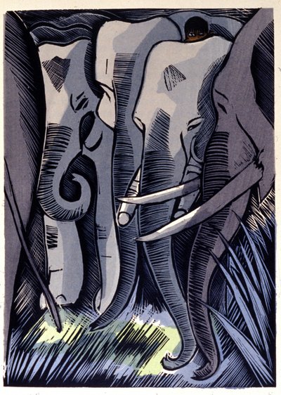 Mogli gemmer sig på ryggen af elefanter. Rudyard Kipling "Junglebogen" af Pierre Falke