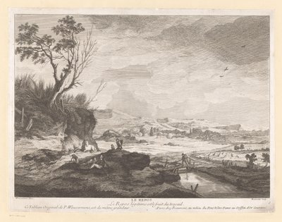 Landskab med hvilende figurer Le repos (titel på objekt) af Pierre Francois Beaumont