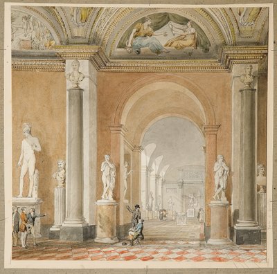Det tidligere Belvedere Apollo-værelse ved Louvre (sort kridt & w/c på papir) af Pierre Francois Leonard Fontaine