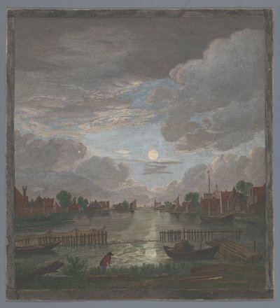 Udsigt over en kanal nær byen Haarlem ved måneskin Vûe du canal proche de Haerlem (titel på objekt) af Pierre François Basan