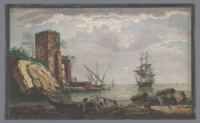 Udsigt over en kyst nær byen Toulon ved måneskin Vüe ​​​​des environs de Toulon (titel på objekt) af Pierre François Basan
