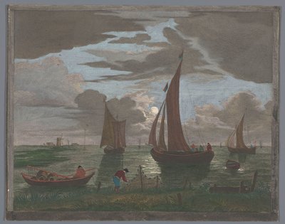 Udsigt over en kyst med skibe og både på vandet ved måneskin 1er. Clair de lune (titel på objekt) af Pierre François Basan