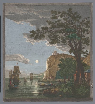 Udsigt over en kyst med skibe og både på vandet ved måneskin La pleine lune (titel på objekt) af Pierre François Basan