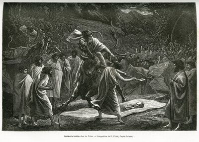 En begravelsesceremoni for Todas, et lille pastoralt samfund på Nilgiri-plateauet (Sydindien), under begravelsen ofres kvæg. Gravering af P. Fritel, til illustration af souvenirs fra en rejse til Nilgherries, af Madame Janssen, i 1. af Pierre Fritel
