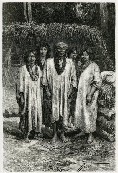 Chief Lacandon og Lacandon typer, mayafolk, der bor i junglen i Chiapas (Mexico). Gravering af P. Fritel, for at illustrere historien "" Rejsen til Yucatan og Lacandons land "", i 1882, af Desire Charnay (1828-1915) arkæolog og fotograf af Pierre Fritel