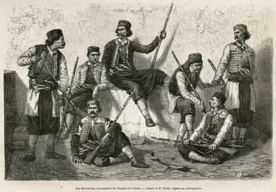 Krivoscians, bjergbestigere i Bouches de Cattaro (eller Kotor, bugten på Montenegros vestlige kyst), våben til at modstå de østrigske troppers magtangreb. Stik efter P.Fritels tegning, til illustration af rejsen til Dalmatien, af C af Pierre Fritel