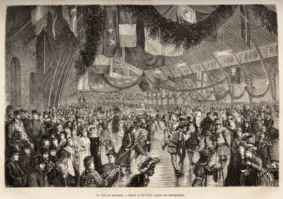 Montreal Skaters Club, på et møde for en kostume -skøjteløb, indgraveret efter en tegning af P.Fritel, der illustrerer udflugten til Canada og Riviere Rouge du Nord, af H. de LaMotte, i 1873, udgivet i “Le Tour du Monde ”” 1875, redigeret af Edo af Pierre Fritel