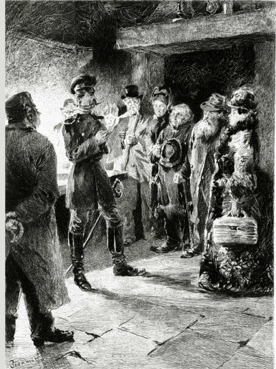 En tysk officer beder Boulle de talg til gengæld for frihed for alle de passagerer, der er blevet arresteret i diligencen. I "" Ball of tallow"" af Guy de Maupassant (1850-1893). Illustration af P. G. Jeanniot (1848-1934). Udgivet på Ollendorff i af Pierre Georges Jeanniot