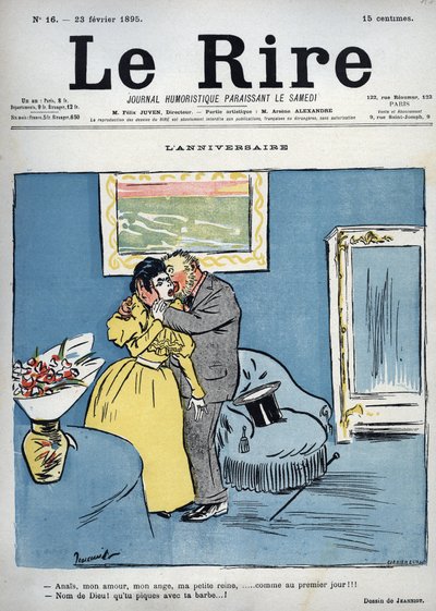 Fødselsdag - Anais, min kærlighed, min engel, min lille dronning, som på den første dag!!! - Jesus Kristus! Du stikker med dit skæg! - tegning af Pierre Georges Jeanniot (1848-1934) til "" Le Rire"" af 23. februar af Pierre Georges Jeanniot