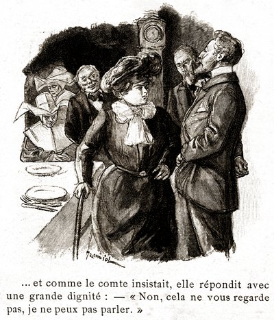 "Boule de Suif": Elisabeth Rousset nægter at svare greven, begyndelsen af det 20. århundrede (illustration) af Pierre Georges Jeanniot