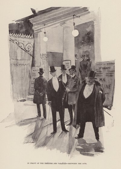 Foran Theatre des Varietes, mellem akterne (gravering) af Pierre Georges Jeanniot