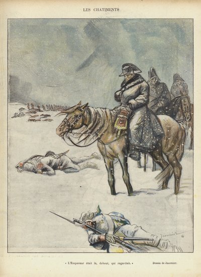 Napoleon på tilbagetoget fra Moskva, Illustration for Le Rire af Pierre Georges Jeanniot