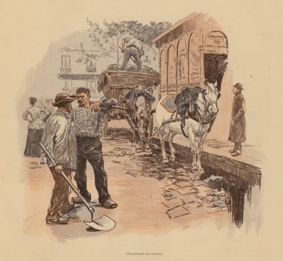 Parisiske gaderengøringsfolk (farvelitografi) af Pierre Georges Jeanniot