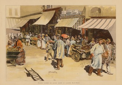 Marchandes de quatre saisons på Rue du Faubourg Saint-Denis, Paris (farvelitografi) af Pierre Georges Jeanniot
