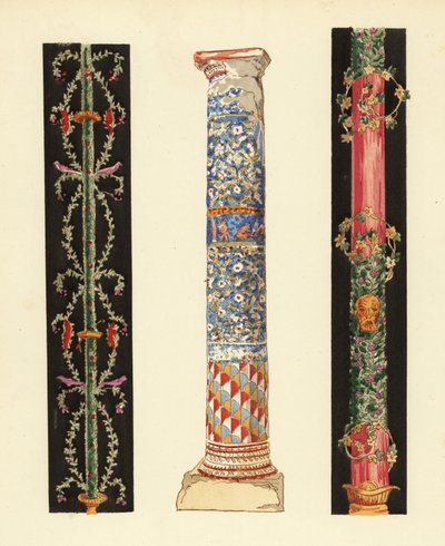 Dekorative lysestager i fjerde Pompei-stil (1,3) og søjle af emaljemosaik (2), Pompeji af Pierre Gusman
