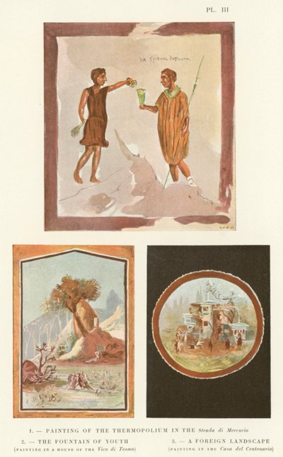 Maleri af termopoliet i Strada di Mercurio, Ungdommens springvand, et fremmed landskab (farve litho) af Pierre Gusman