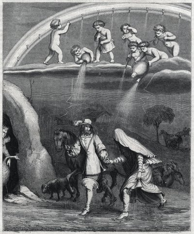 Enee og Didon overraskede over regnen i skoven. Illustration af "" Virgil transvestite"" af Paul Scarron (1610-1660), en parodi på "L