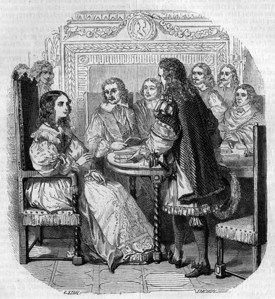 Besøg af dronning Christine af Suede (1626-1689) på Academy Francaise i Paris i nærværelse af kardinal Richelieu Gravering af G. Staal af Pierre Gustave Eugene Staal