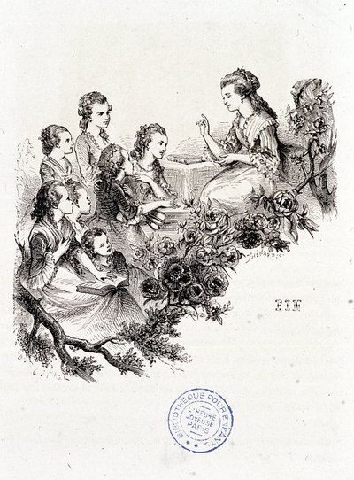 Ung husholderske fortæller en historie til en gruppe børn - i "Le magasin des enfants"" af Mme Leprince de Beaumont, ill. Staal, Garnier af Pierre Gustave Eugene Staal