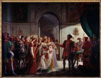 Francois I (1494-1547) bevæbnede ridder sit barnebarn Francois II (1544-1560). Den unge prins er ledsaget af sine forældre Henrik II (1519-1559) og Catherine de Medici (Caterina de Medici) (1519-1589). Maleri af Pierre Henri Revoil (1776-1842) af Pierre Henri Revoil