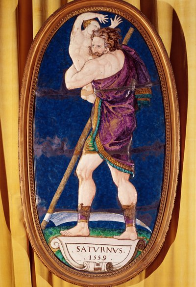 Plade, der forestiller Saturn, fra Chateau de Madrid, Neuilly, 1559 (malet emalje) af Pierre I Courteys