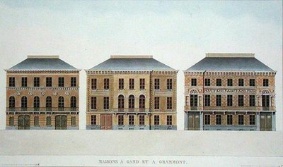 Huse i Gent og Grammont, Belgien, fra "Choix des Monuments, Edifices et Maisons les plus remarquables du Royaume des Pays-Bas" af Pierre Jacques Goetghebuer, udgivet i 1827 (akvaratint) af Pierre Jacques (after) Goetghebuer