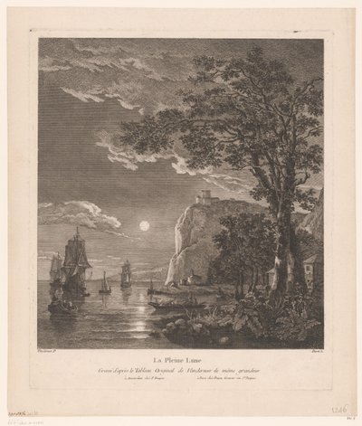 Nattelandskab med skibe på kysten La Pleine Lune. (titel på objekt) af Pierre Jacques Duret