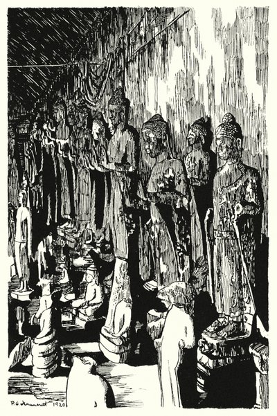 En forsamling af buddhaer i en passage (gravering) af Pierre Jeannerat de Beerski