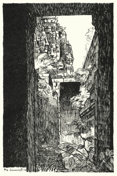 I Bayon, glimt gennem et faldet tag (gravering) af Pierre Jeannerat de Beerski