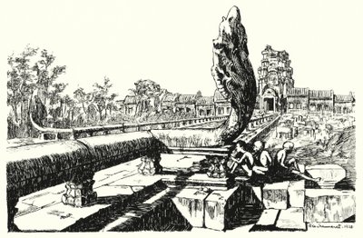 I parken ved Angkor Vat, de vestlige Gopuras (gravering) af Pierre Jeannerat de Beerski