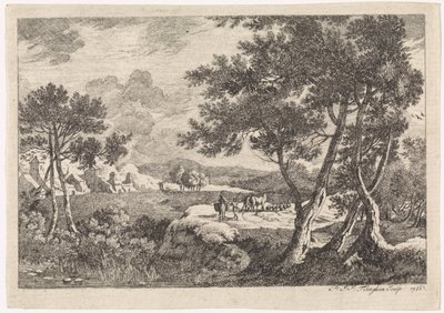 Landskab med træer i forgrunden af Pierre Joseph Jacques Tiberghien